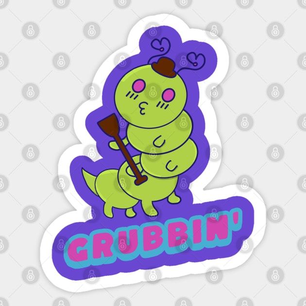 Grubbin' Time, Funny Kawaii Cute Caterpillar, Funny Word Play Grub Sticker by vystudio